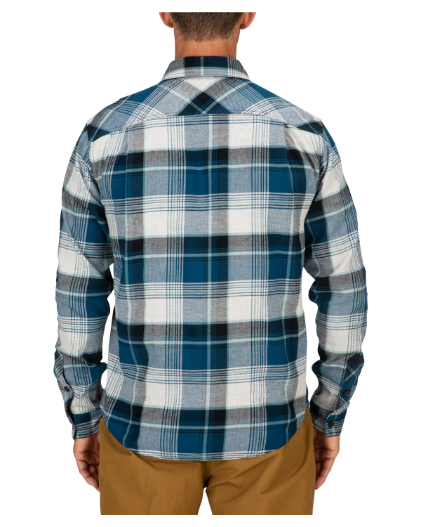 Simms Dockwear Cotton Flannel Shirt Atlantis Celadon Plaid Model Back Simms Dockwear Cotton Flannel Shirt Atlantis Celadon Plaid Model Back